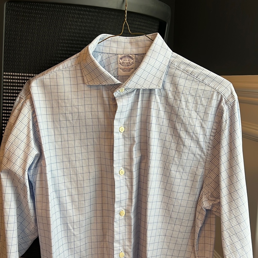 Brooks Brother luxury dress shirt, blue check, size 15.5/32 regent fit.
